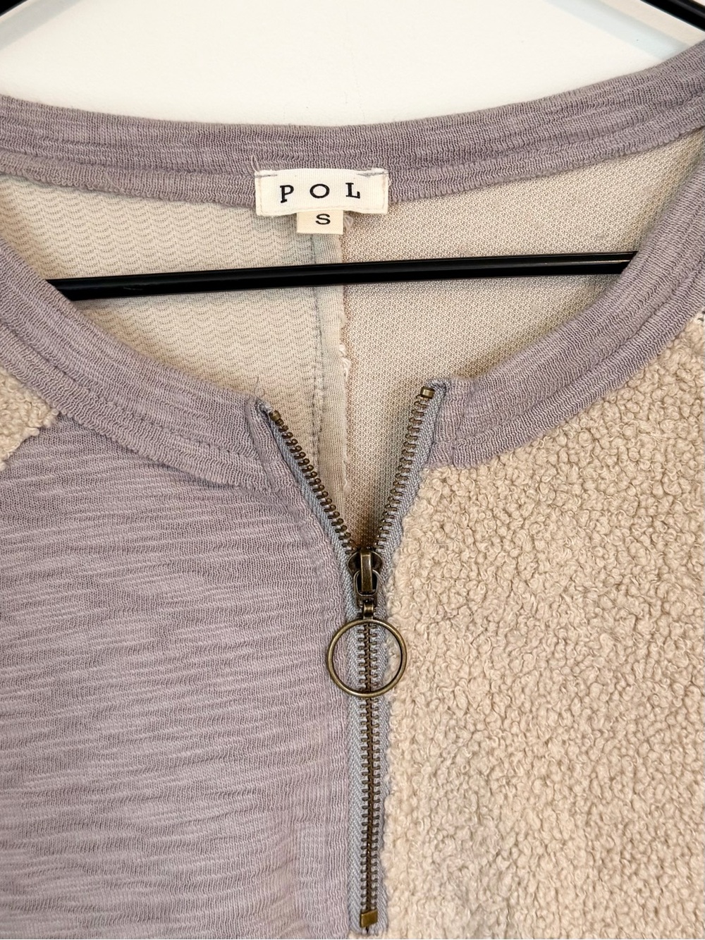 POL Patchwork Quarter Zip Pullover in Taupe and Beige - Size: Small - Picture 3 of 14
